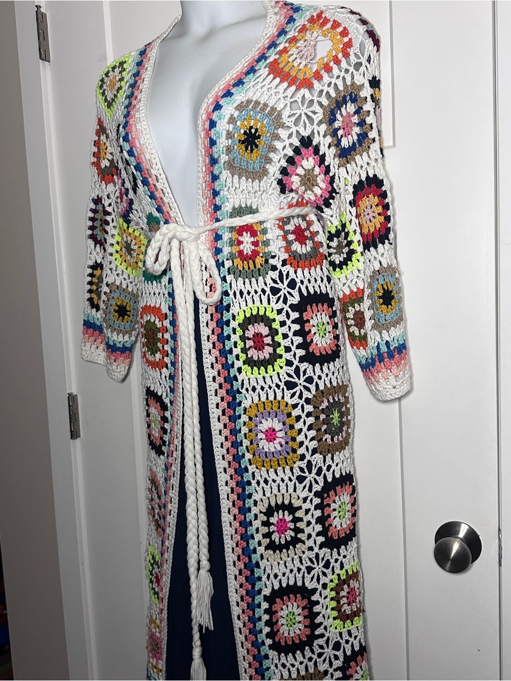 Love Sense White Multicolor Crochet Longline Cardigan Sweater With Belt